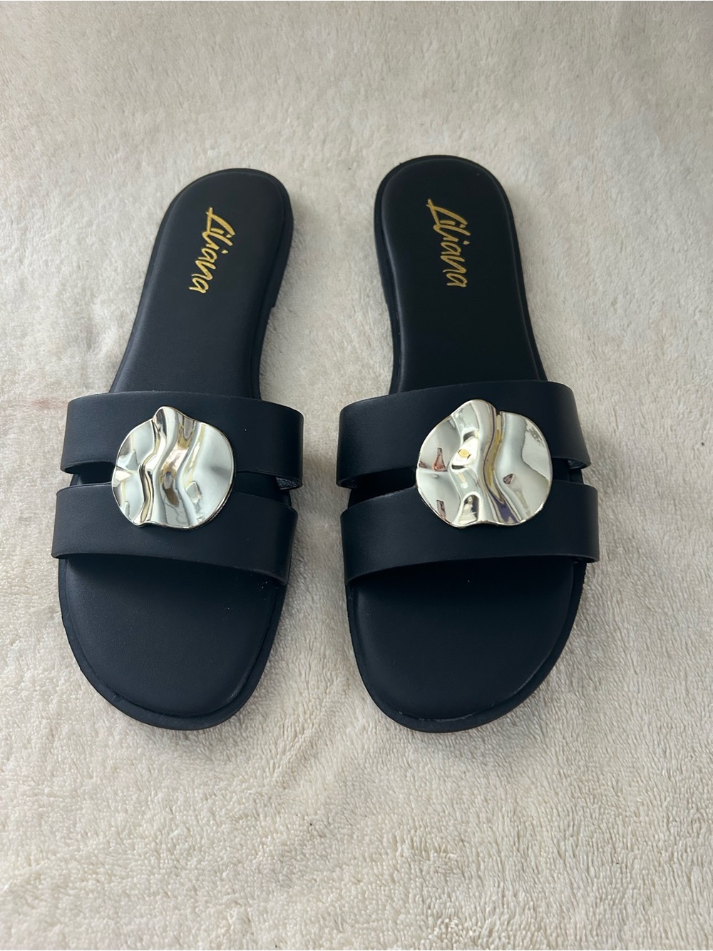 Comfortable Black Slide Sandals with Silver Disc Accent